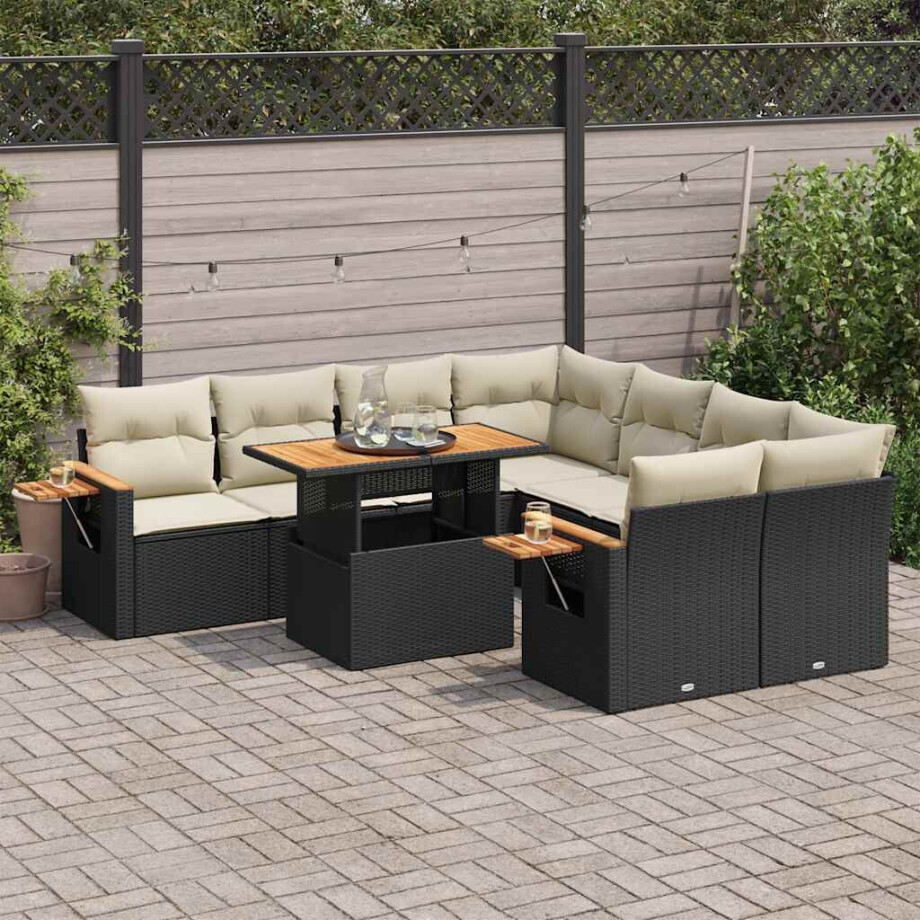 vidaXL 9-delige Loungeset met kussens poly rattan acacia zwart afbeelding 1