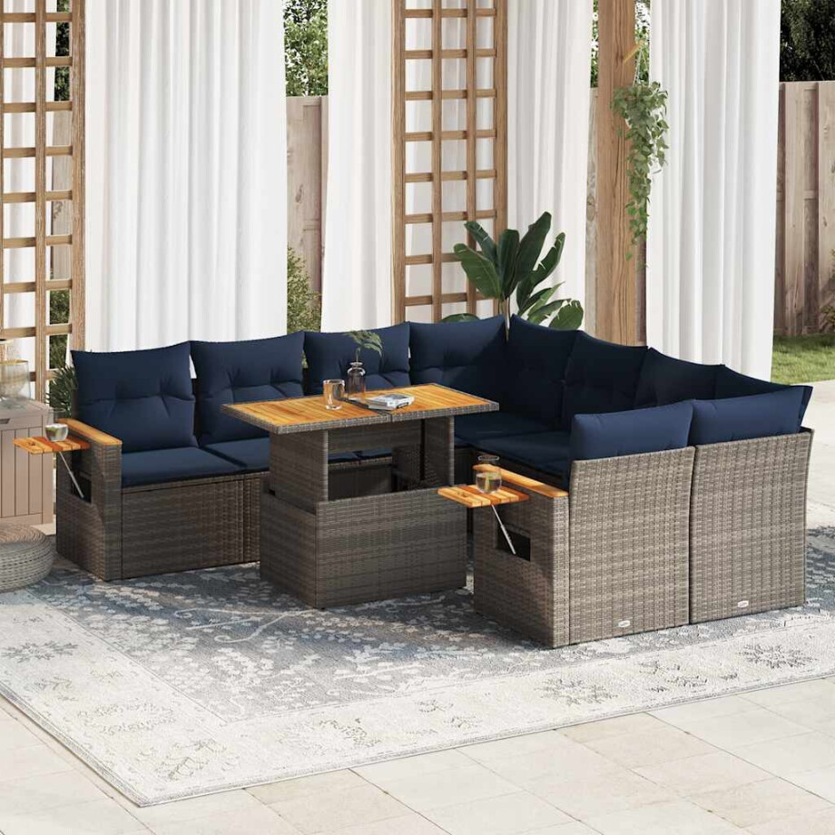 vidaXL 9-delige Loungeset met kussens poly rattan grijs afbeelding 1