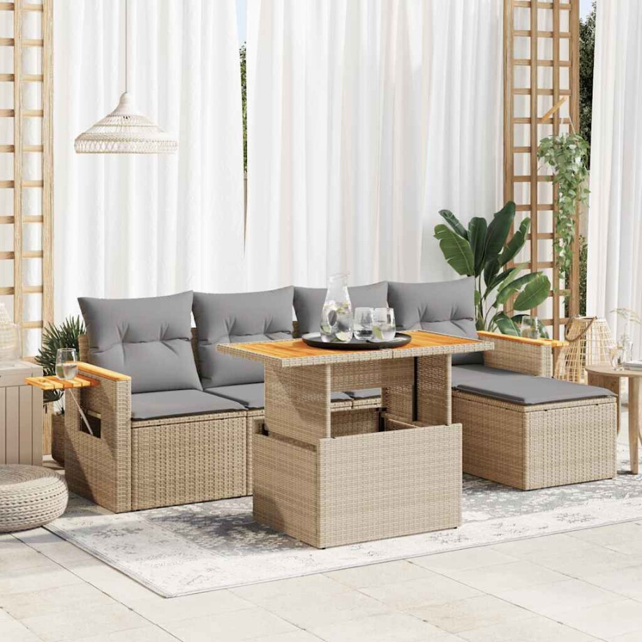vidaXL 6-delige Loungeset met kussens poly rattan acacia beige afbeelding 1