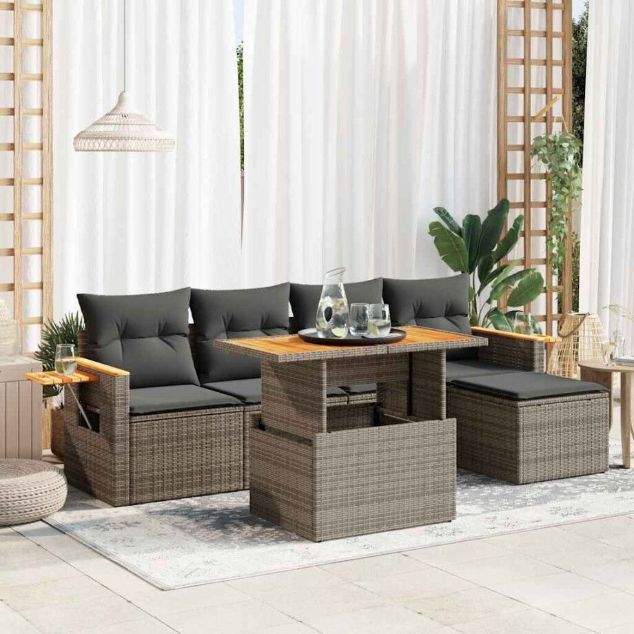 vidaXL 6-delige Loungeset met kussens poly rattan acacia grijs afbeelding 1