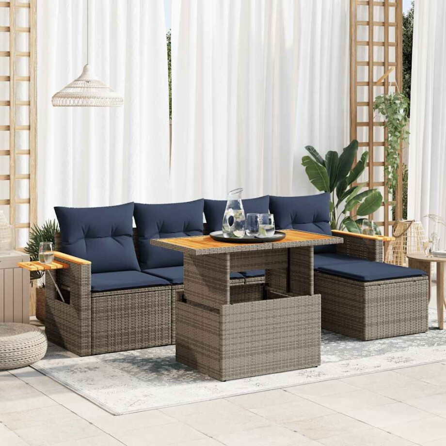 vidaXL 6-delige Loungeset met kussens poly rattan acacia grijs afbeelding 1