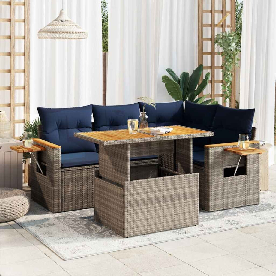 vidaXL 5-delige Loungeset met kussens poly rattan acacia grijs afbeelding 1