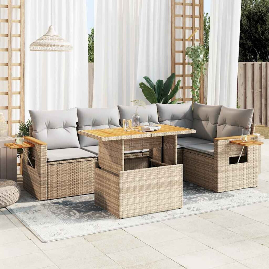 vidaXL 6-delige Loungeset met kussens poly rattan acacia beige afbeelding 1