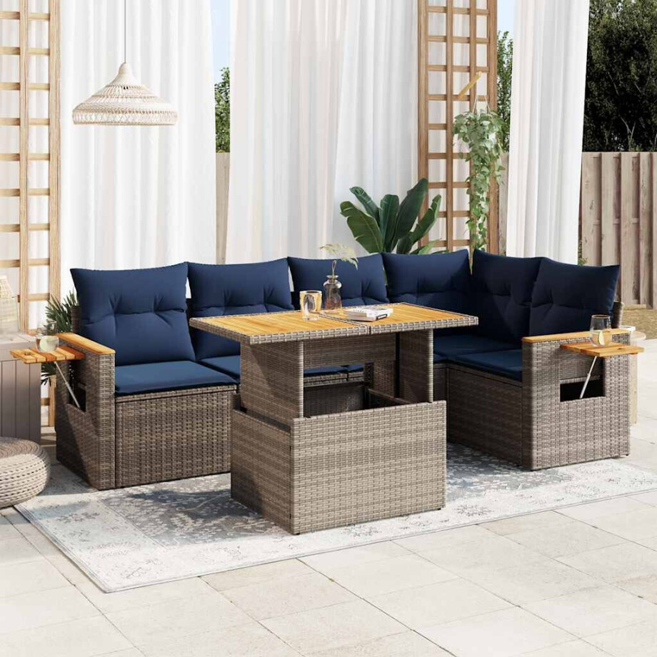 vidaXL 6-delige Loungeset met kussens poly rattan acacia grijs afbeelding 1