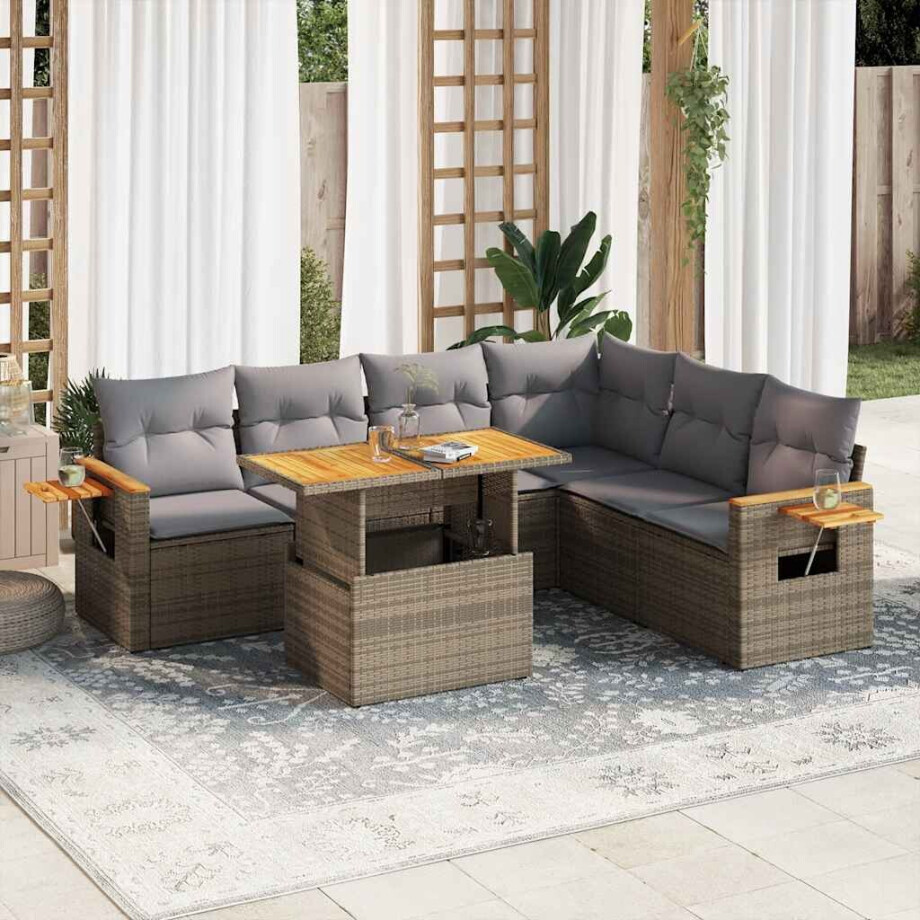 vidaXL 7-delige Loungeset met kussens poly rattan acacia beige afbeelding 1