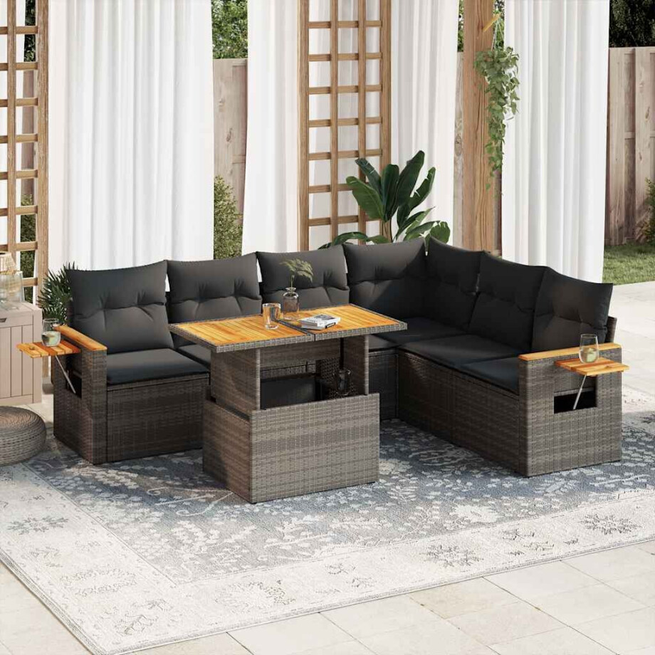 vidaXL 7-delige Loungeset met kussens poly rattan acacia grijs afbeelding 1