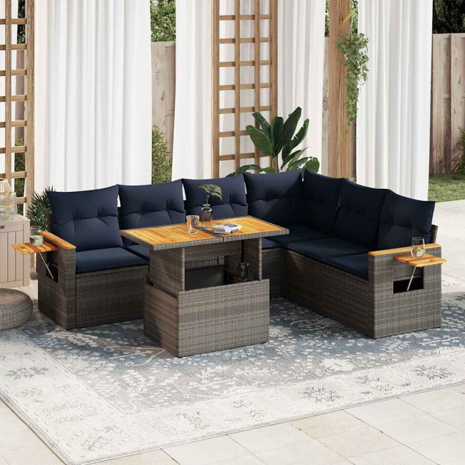 vidaXL 7-delige Loungeset met kussens poly rattan acacia grijs vidaXL 7-delige Loungeset met kussens poly rattan acacia grijs afbeelding 1