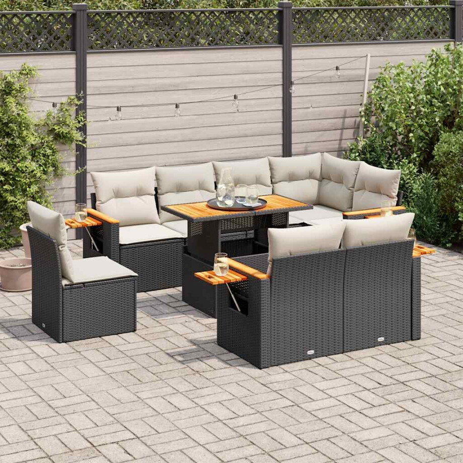 vidaXL 9-delige Loungeset met kussens poly rattan acacia zwart afbeelding 1