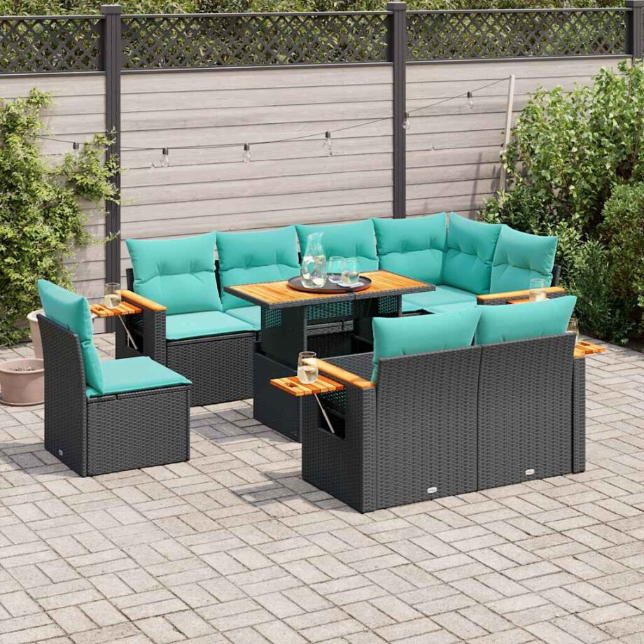 vidaXL 9-delige Loungeset met kussens poly rattan acacia zwart afbeelding 1