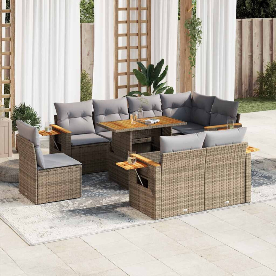 vidaXL 9-delige Loungeset met kussens poly rattan acacia beige afbeelding 1