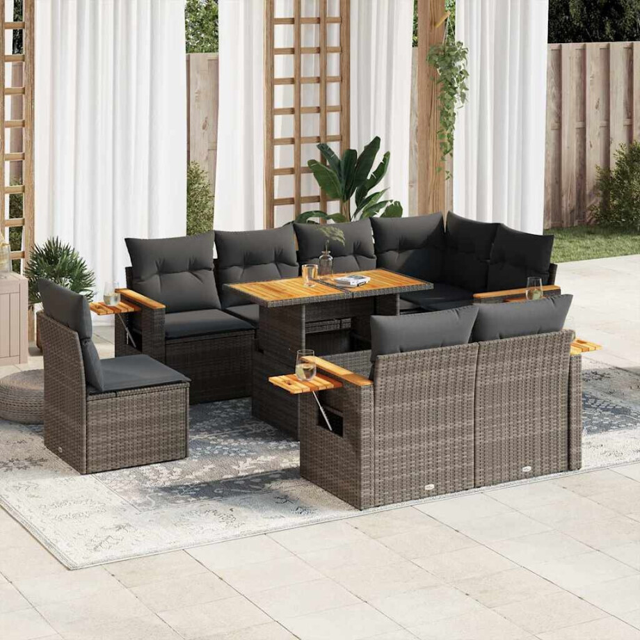 vidaXL 9-delige Loungeset met kussens poly rattan acacia grijs afbeelding 1