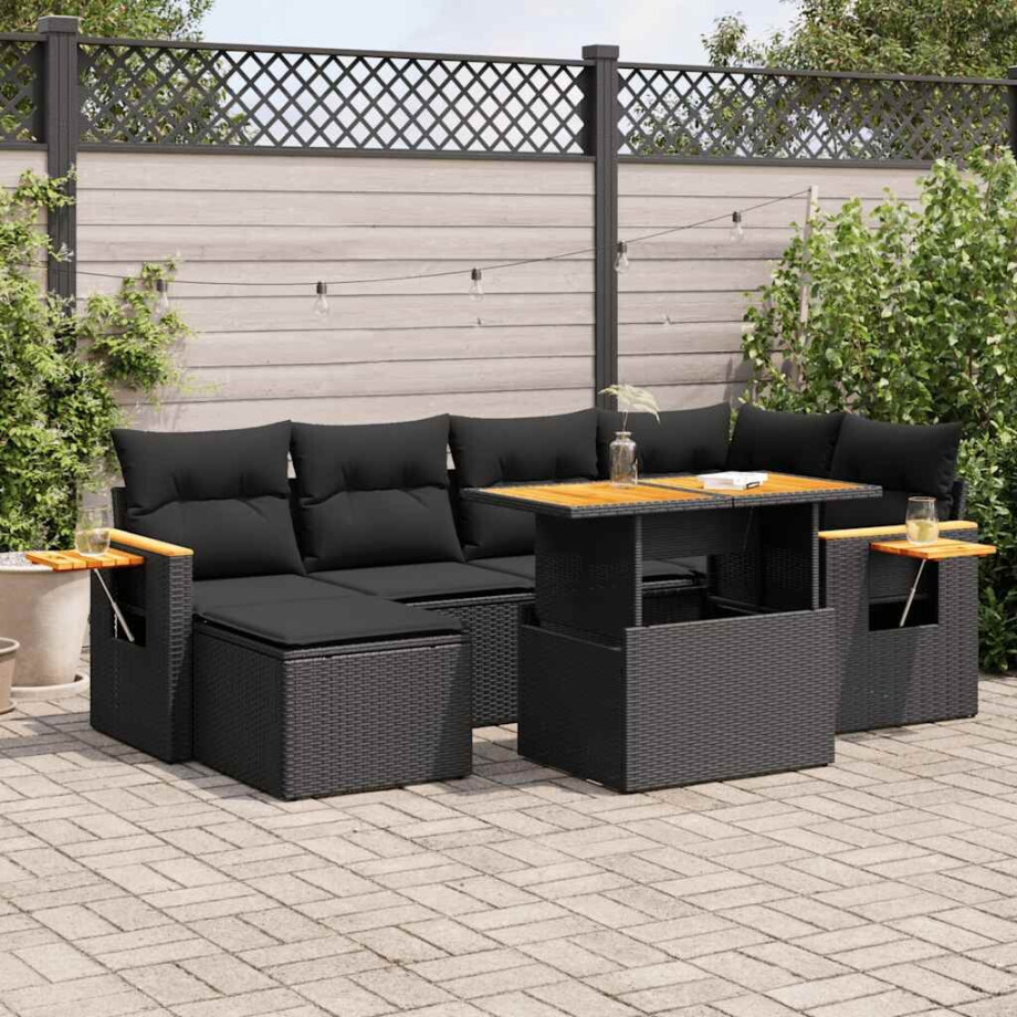 vidaXL 7-delige Loungeset met kussens poly rattan acacia zwart afbeelding 1