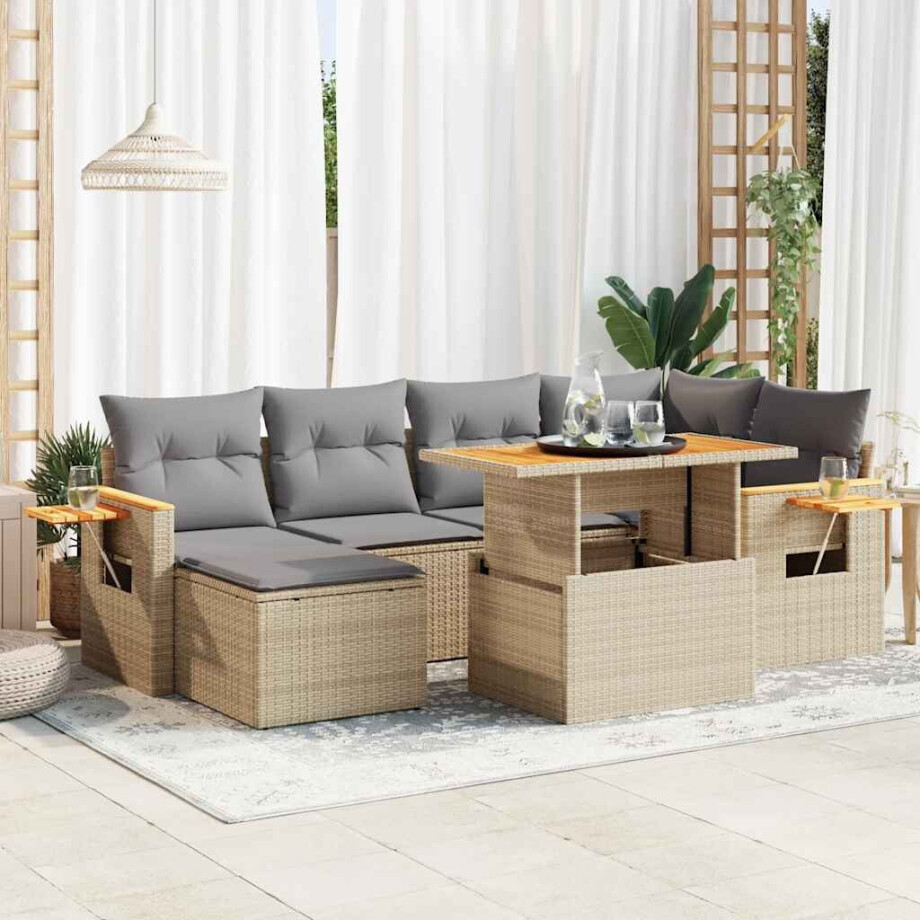 vidaXL 7-delige Loungeset met kussens poly rattan acacia beige afbeelding 1