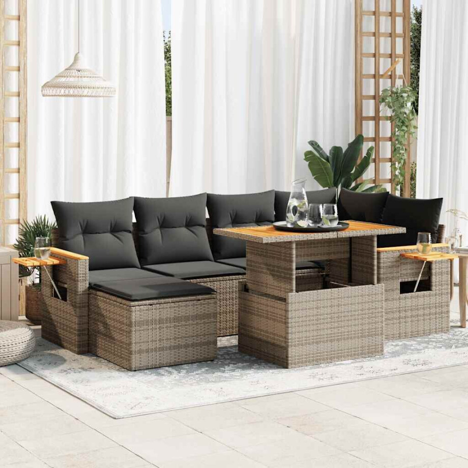 vidaXL 7-delige Loungeset met kussens poly rattan acacia grijs afbeelding 1