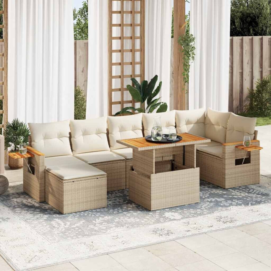 vidaXL 8-delige Loungeset met kussens poly rattan acacia beige afbeelding 1