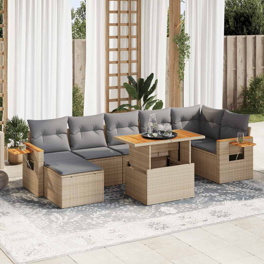 vidaXL 8-delige Loungeset met kussens poly rattan acacia beige afbeelding 1