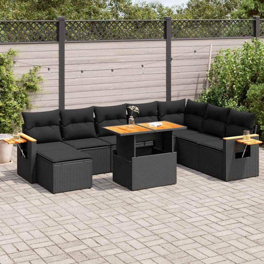 vidaXL 9-delige Loungeset met kussens poly rattan acacia zwart afbeelding 1