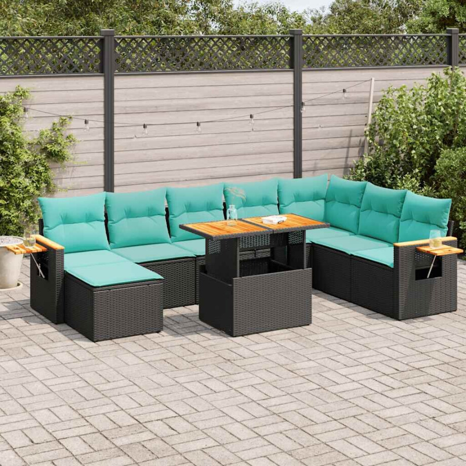 vidaXL 10-delige Loungeset met kussens poly rattan acacia zwart afbeelding 1