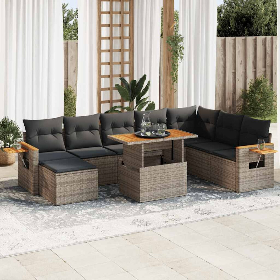vidaXL 9-delige Loungeset met kussens poly rattan acacia grijs afbeelding 1
