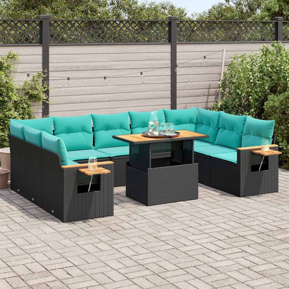 vidaXL 10-delige Loungeset met kussens poly rattan acacia zwart afbeelding 1