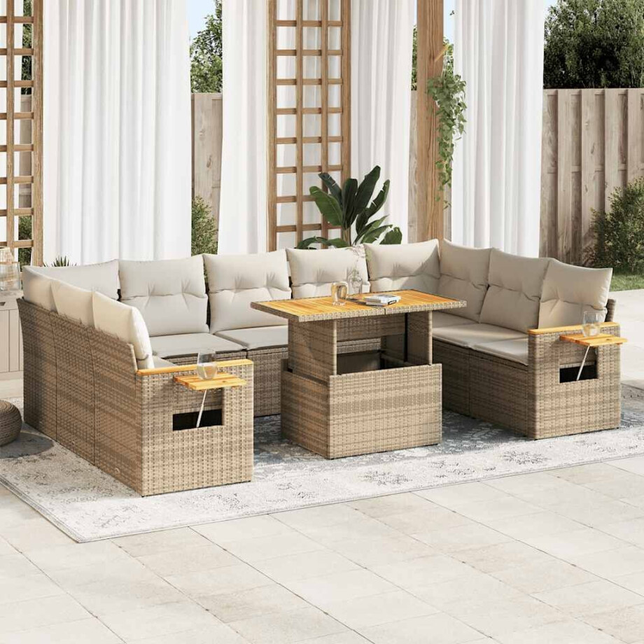 vidaXL 10-delige Loungeset met kussens poly rattan acacia beige afbeelding 1