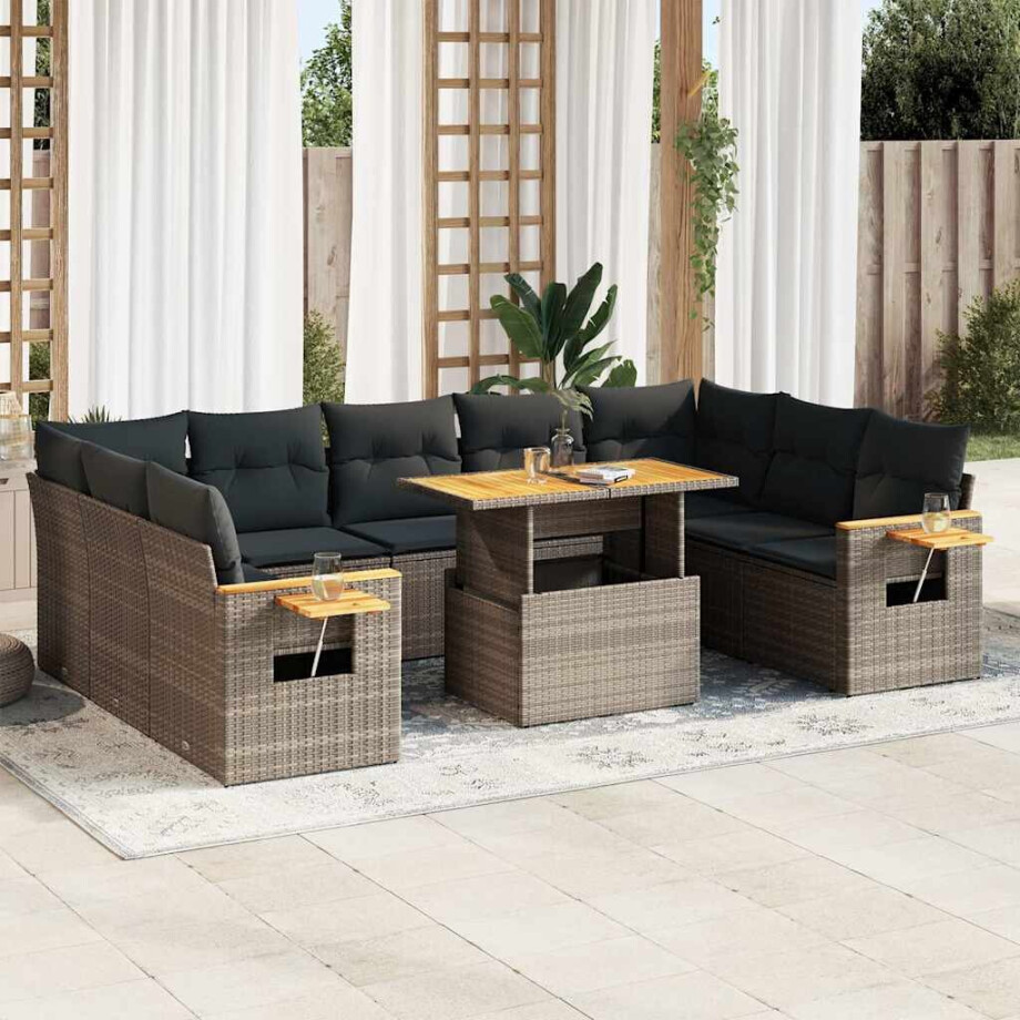 vidaXL 10-delige Loungeset met kussens poly rattan acacia grijs afbeelding 1