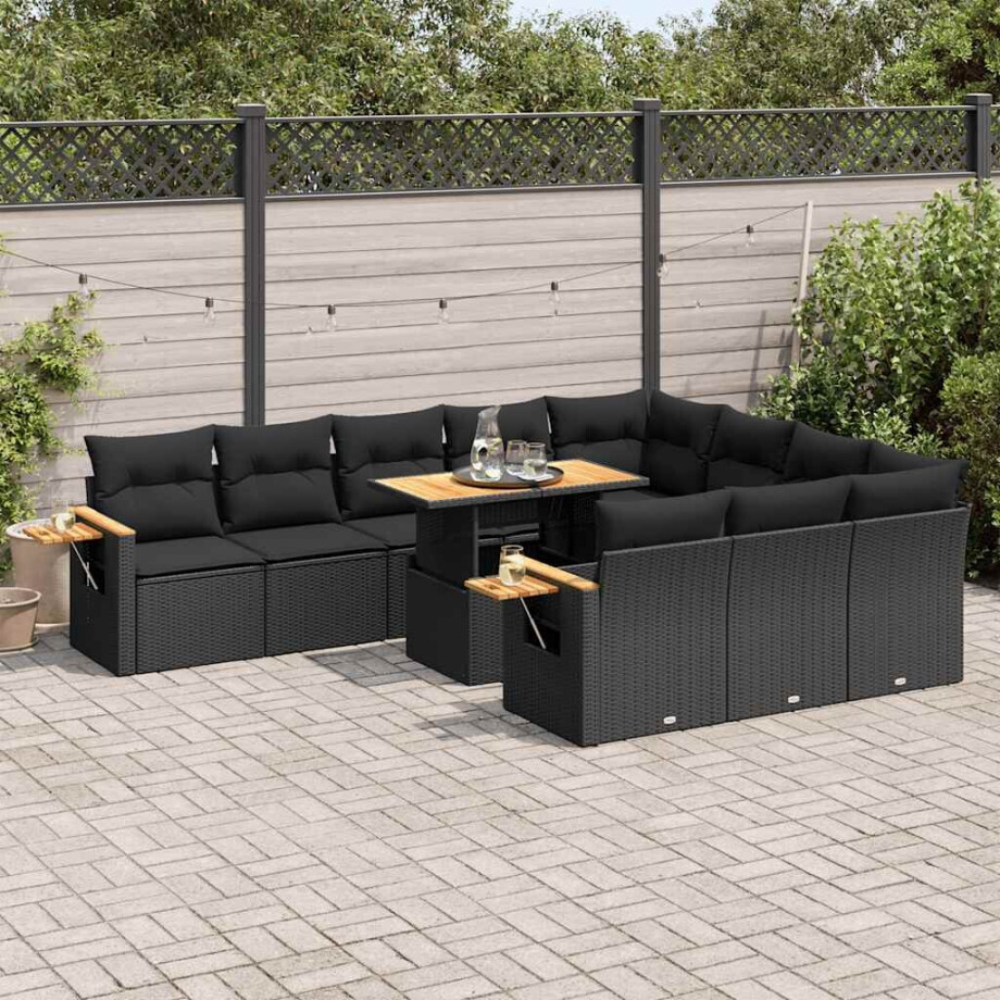 vidaXL 11-delige Loungeset met kussens poly rattan acacia zwart afbeelding 1