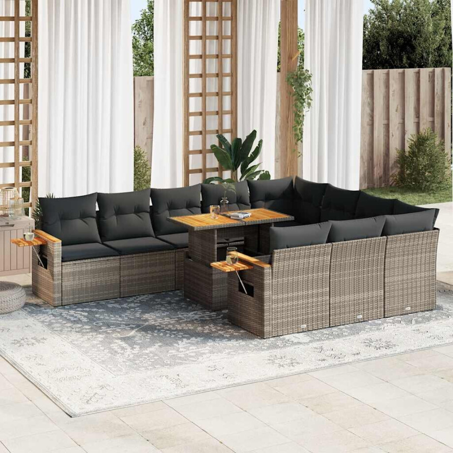 vidaXL 11-delige Loungeset met kussens poly rattan acacia grijs afbeelding 1