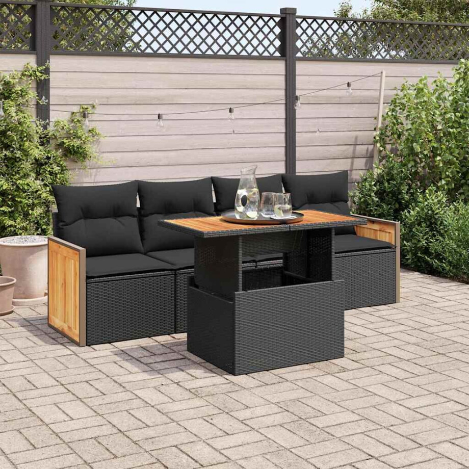 vidaXL 5-delige Loungeset met kussens poly rattan acacia zwart afbeelding 1