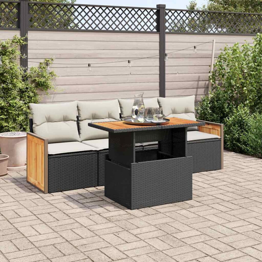 vidaXL 5-delige Loungeset met kussens poly rattan acacia zwart afbeelding 1