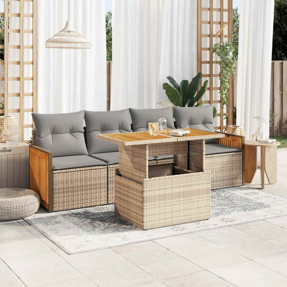 vidaXL 5-delige Loungeset met kussens poly rattan en acaciahout beige afbeelding 1