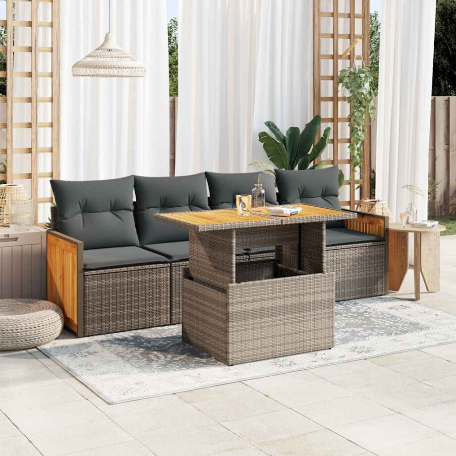 vidaXL 5-delige Loungeset met kussens poly rattan acacia grijs afbeelding 1