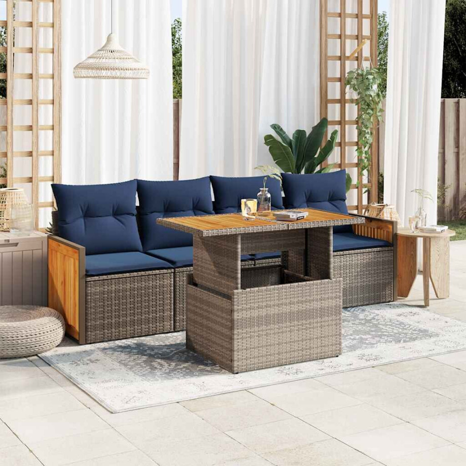 vidaXL 5-delige Loungeset met kussens poly rattan acacia grijs afbeelding 1