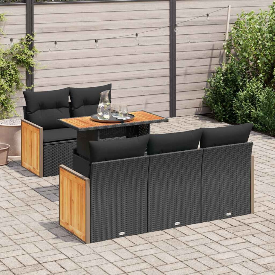 vidaXL 6-delige Loungeset met kussens poly rattan acacia zwart afbeelding 1
