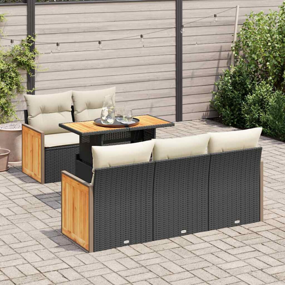vidaXL 6-delige Loungeset met kussens poly rattan acacia zwart afbeelding 1