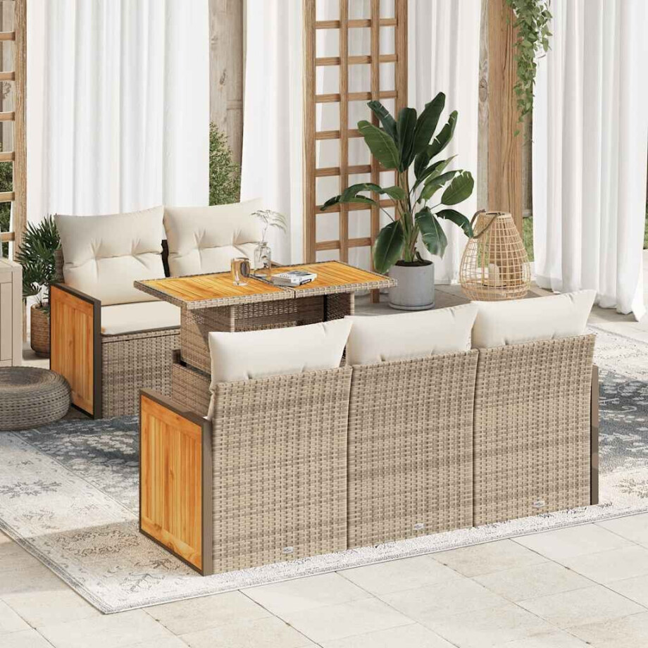 vidaXL 6-delige Loungeset met kussens poly rattan acacia beige afbeelding 1