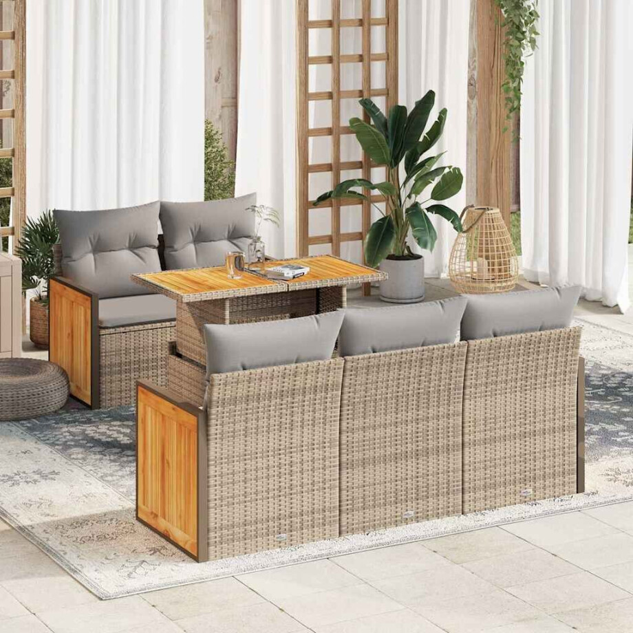 vidaXL 6-delige Loungeset met kussens poly rattan acacia beige afbeelding 1