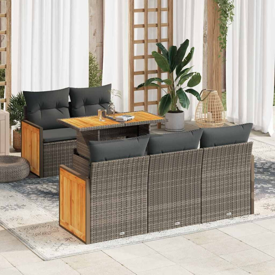 vidaXL 6-delige Loungeset met kussens poly rattan acacia grijs afbeelding 1