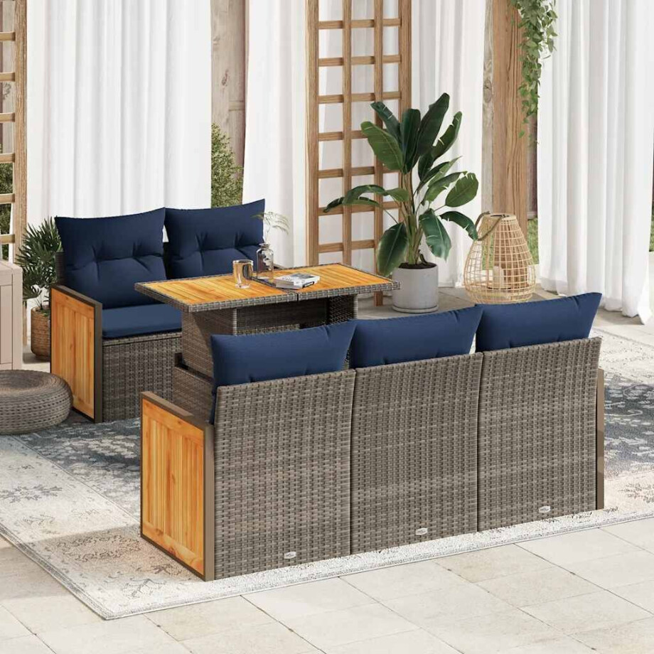 vidaXL 6-delige Loungeset met kussens poly rattan acacia grijs afbeelding 1