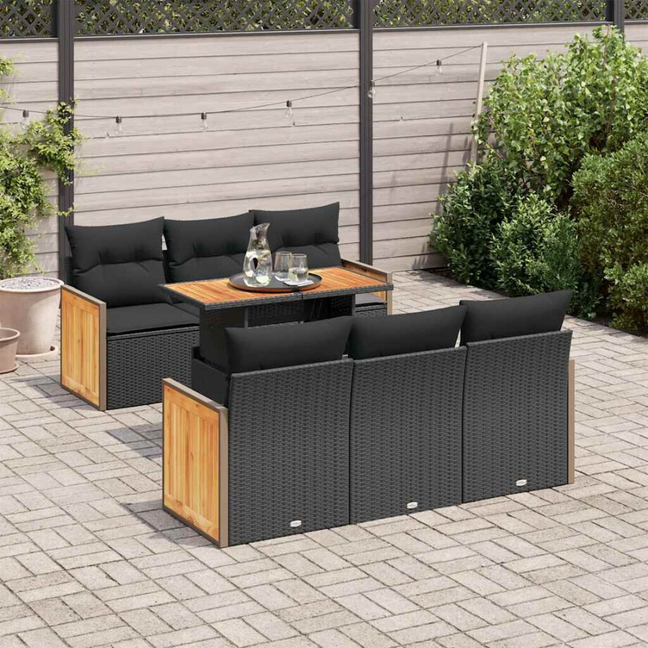 vidaXL 7-delige Loungeset met kussens poly rattan acacia zwart afbeelding 1