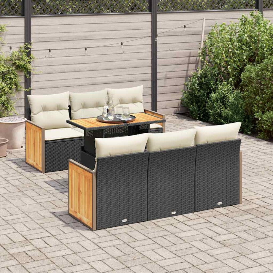 vidaXL 7-delige Loungeset met kussens poly rattan acacia zwart afbeelding 1
