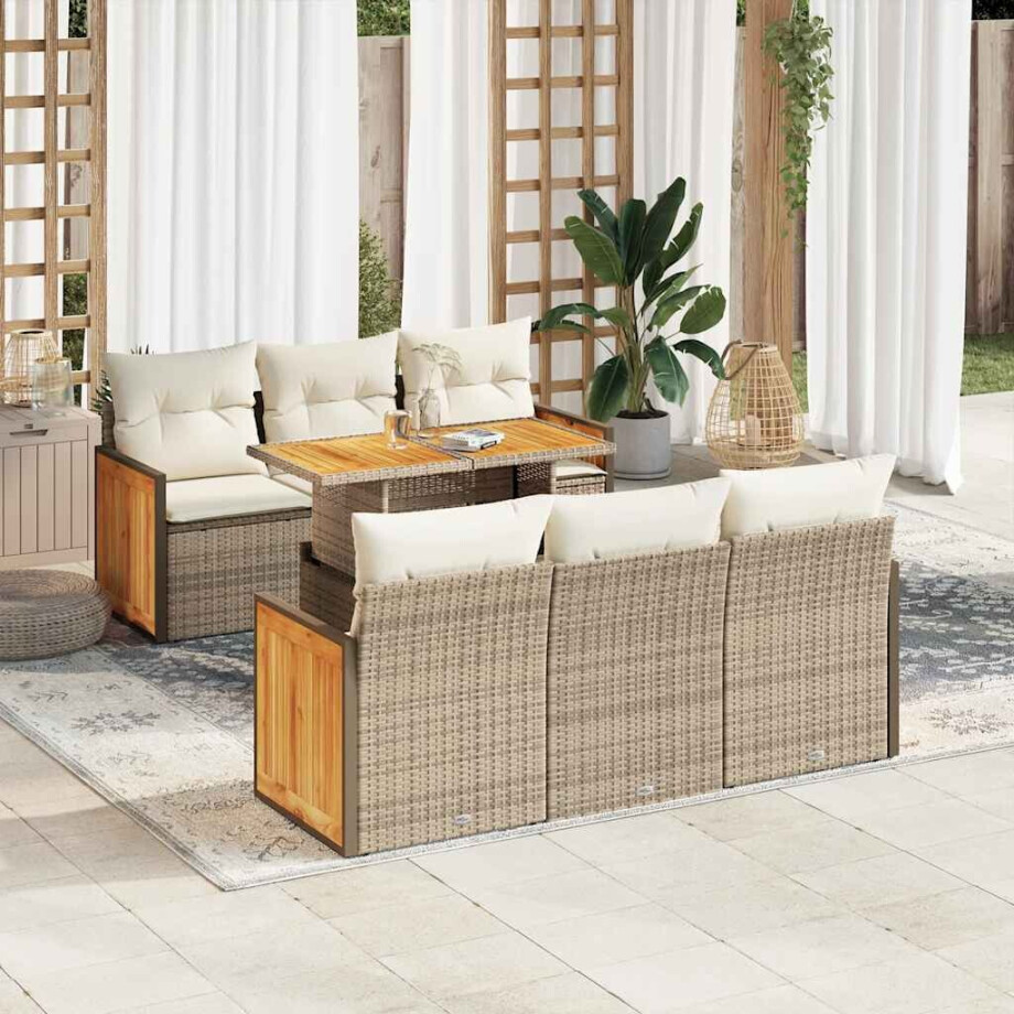 vidaXL 7-delige Loungeset met kussens poly rattan acacia beige afbeelding 1