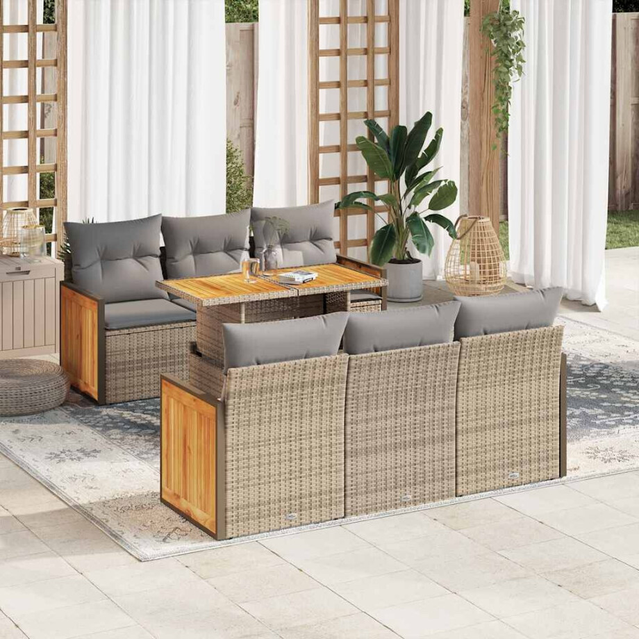 vidaXL 7-delige Loungeset met kussens poly rattan acacia beige afbeelding 1