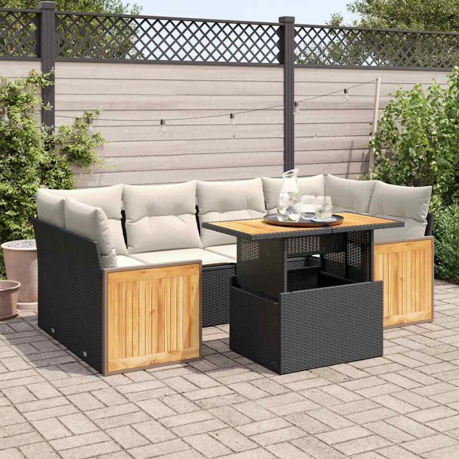 vidaXL 7-delige Loungeset met kussens poly rattan acacia zwart afbeelding 1