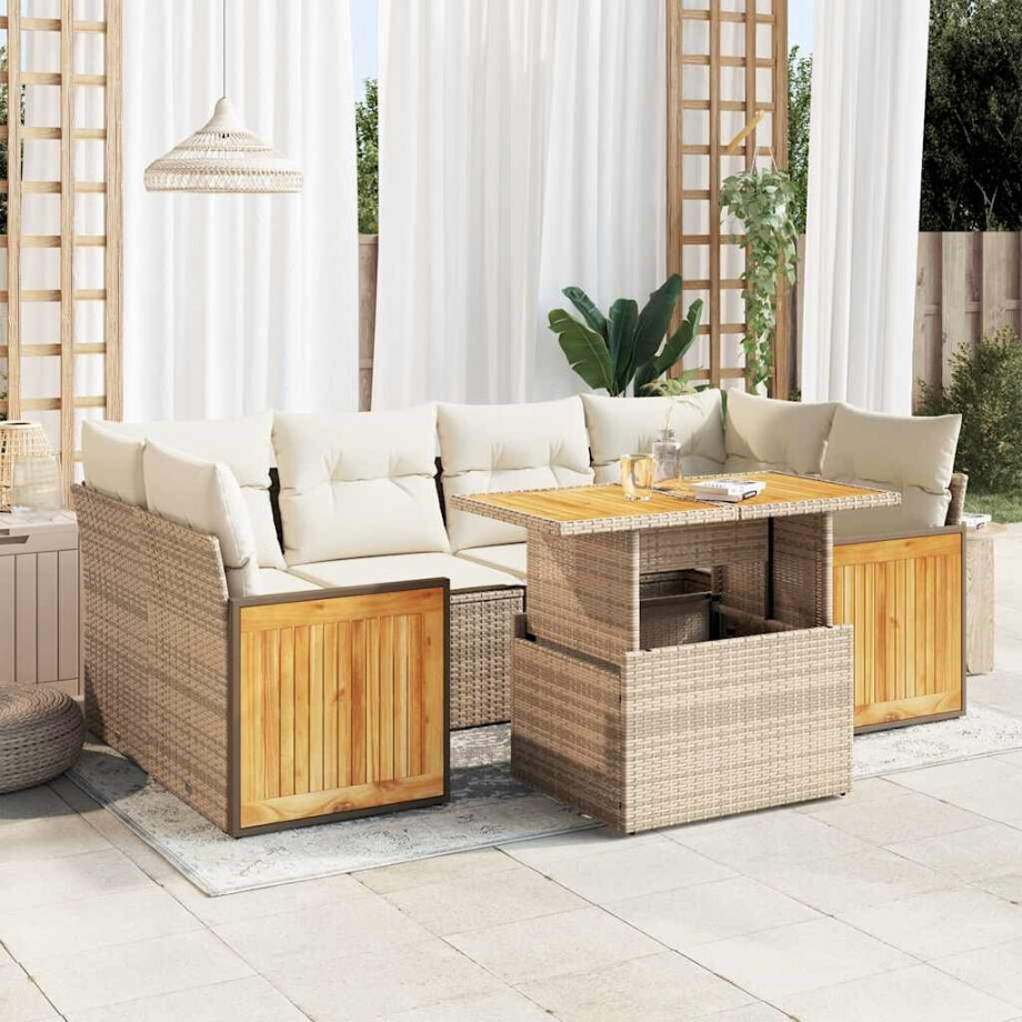 vidaXL 7-delige Loungeset met kussens poly rattan acacia beige afbeelding 1