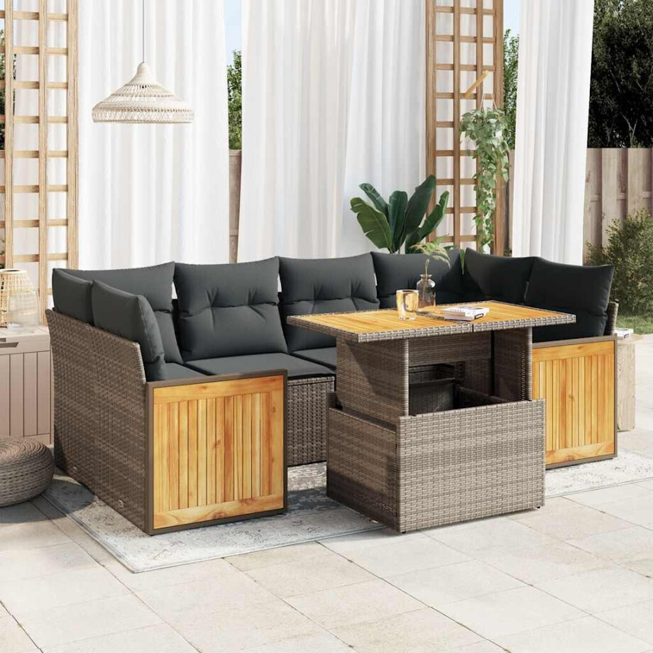 vidaXL 7-delige Loungeset met kussens poly rattan acacia grijs afbeelding 1