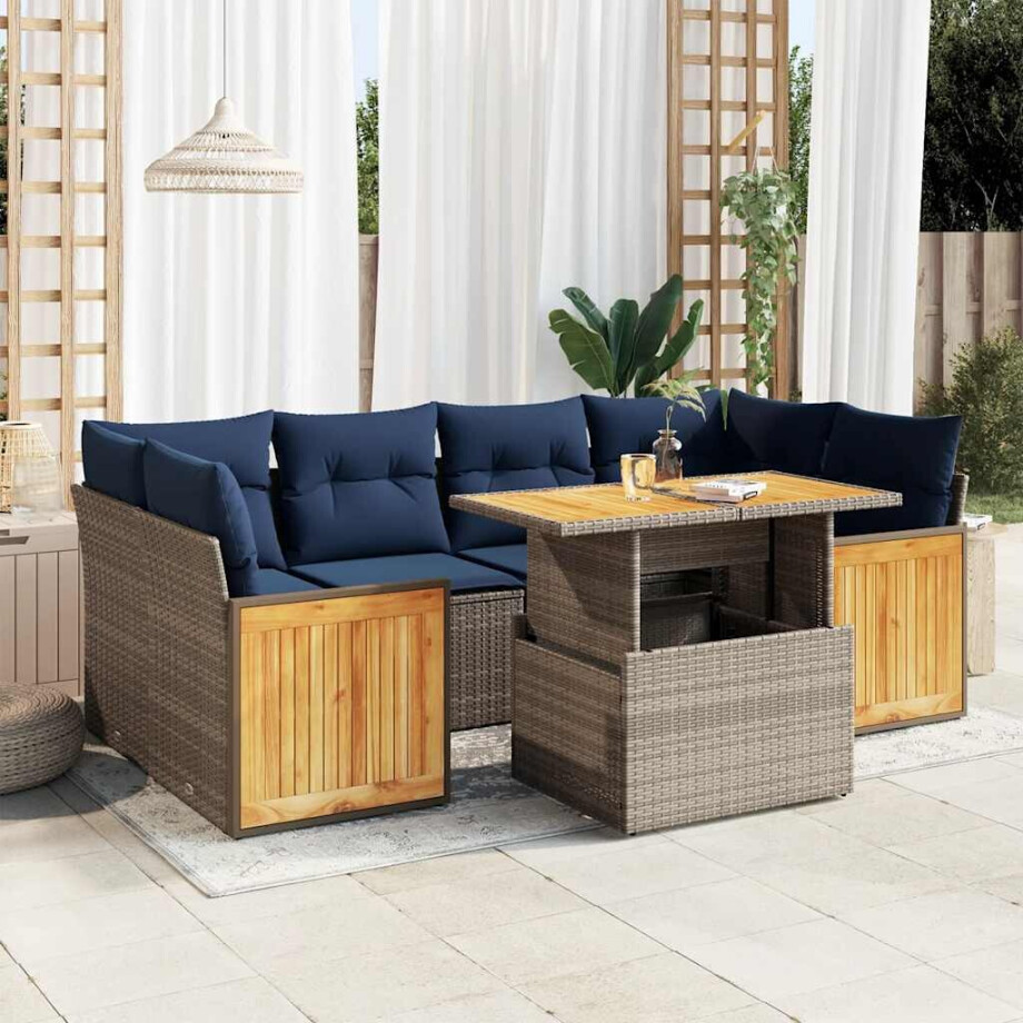 vidaXL 7-delige Loungeset met kussens poly rattan acacia grijs afbeelding 1