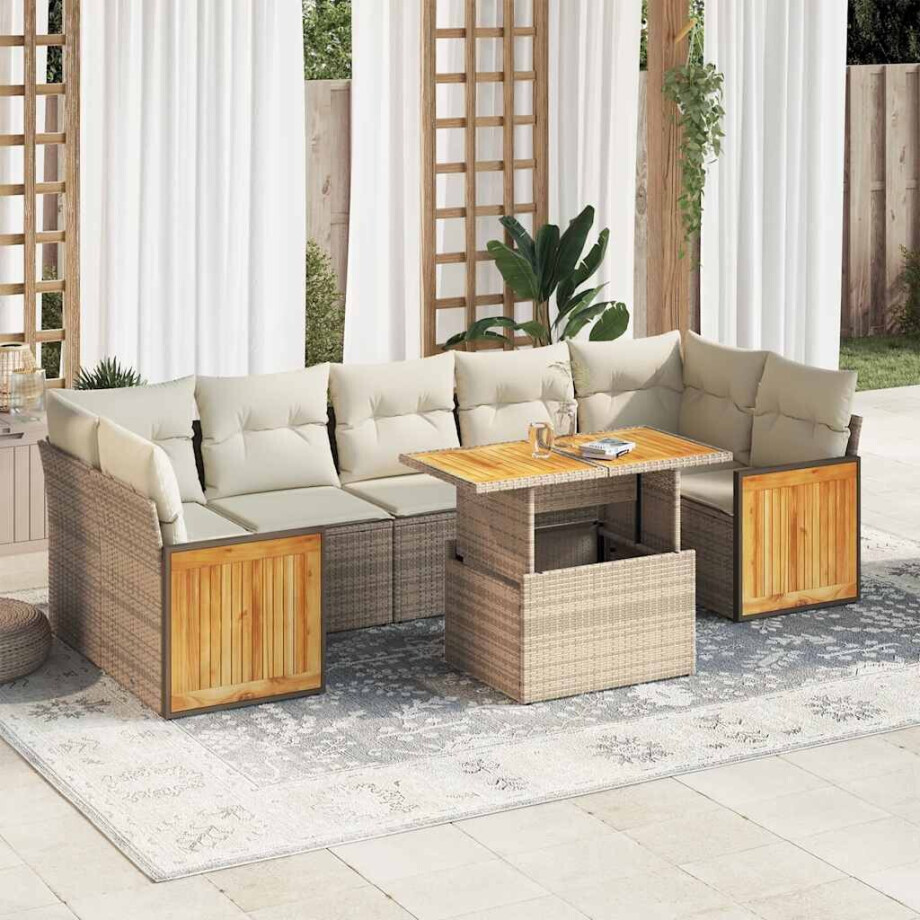 vidaXL 8-delige Loungeset met kussens poly rattan acacia beige afbeelding 1