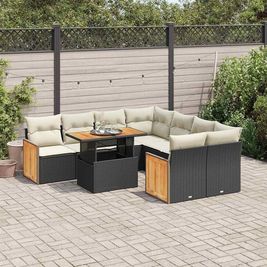 vidaXL 9-delige Loungeset met kussens poly rattan acacia zwart afbeelding 1