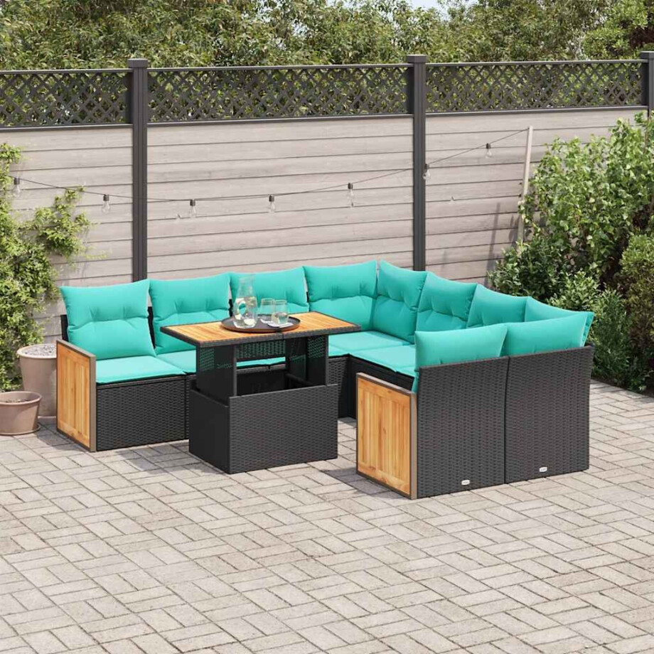 vidaXL 9-delige Loungeset met kussens poly rattan acacia zwart afbeelding 1